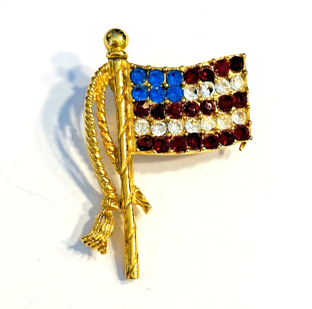 Vintage American Flag Brooch Rhinestones Pin Goldtone Red White & Blue Patriotic